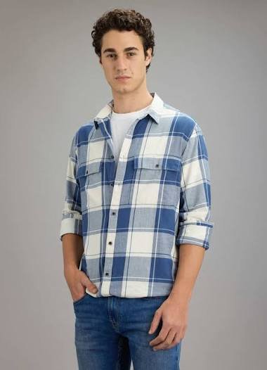 Men Blue Check Long Sleeve Shirt